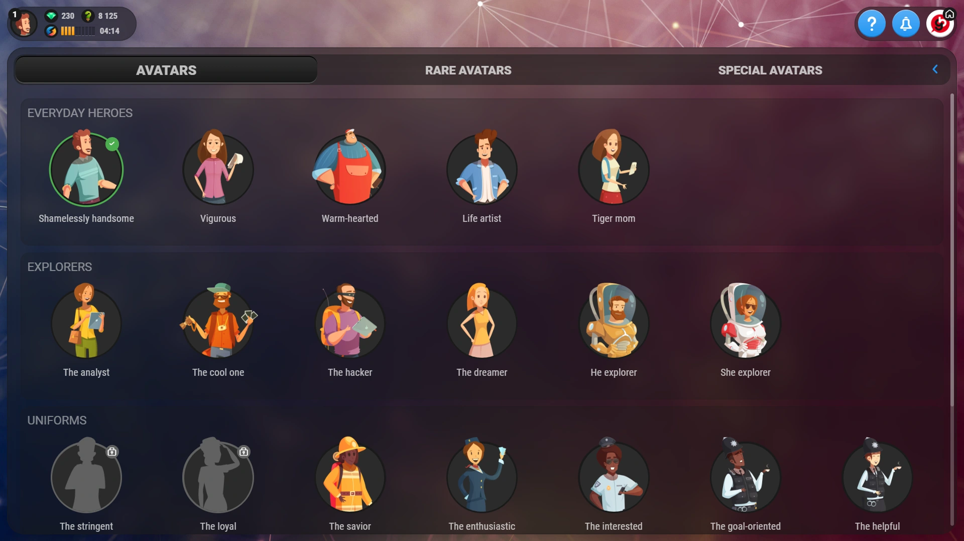 Games for Business platform screenshot - Avatars - dark mode