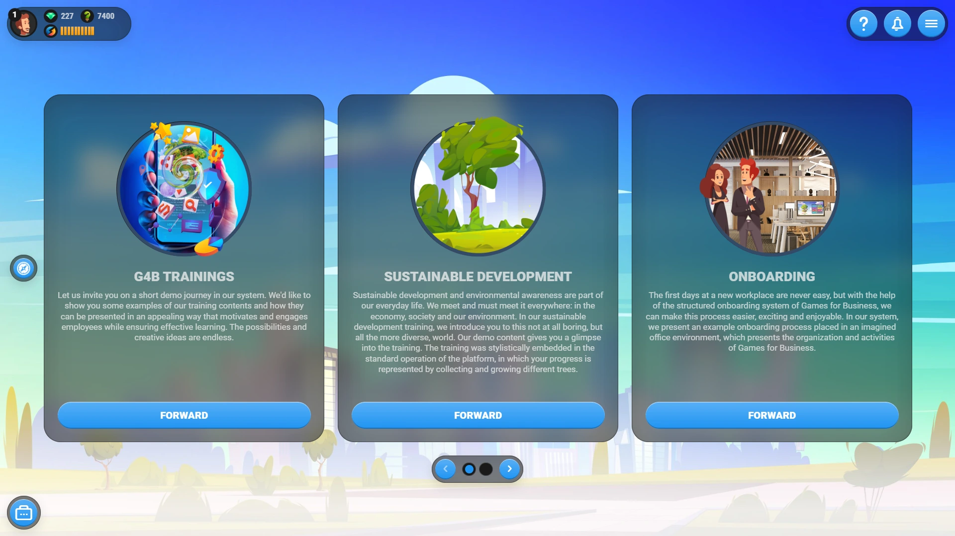 Games for Business platform screenshot - Dashboard selector - dark mode