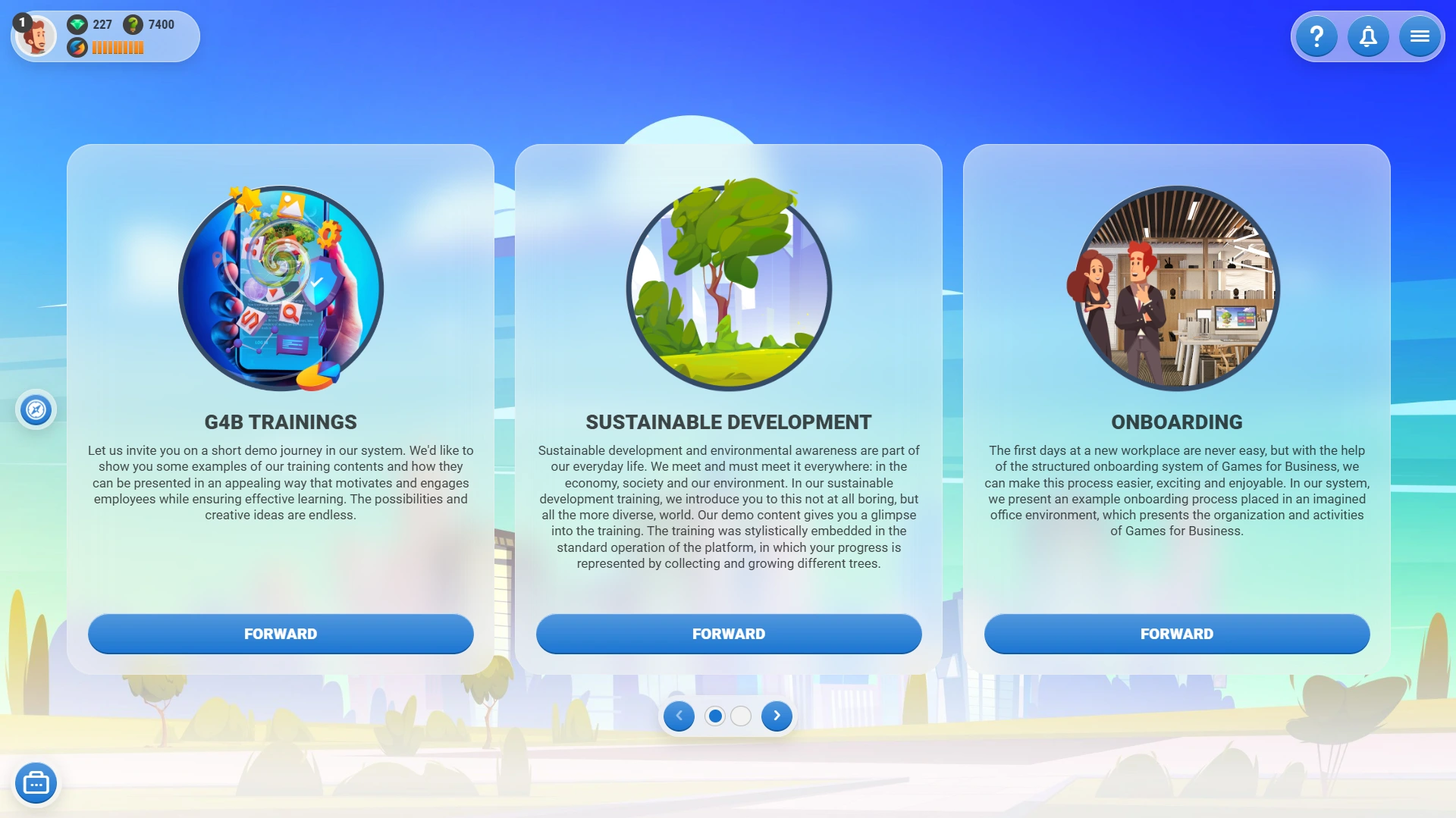 Games for Business platform screenshot - Dashboard selector - light mode
