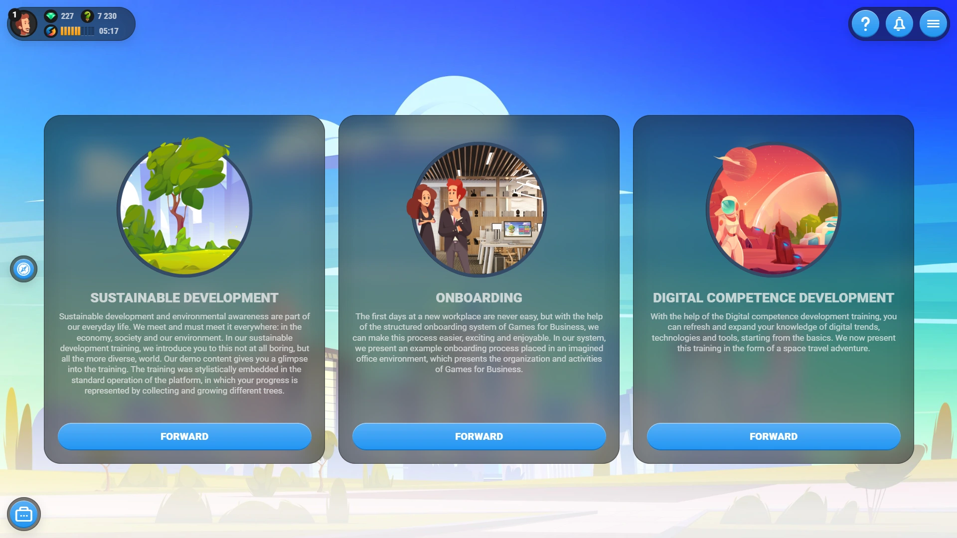 Games for Business platform screenshot - Dashboard selector - dark mode