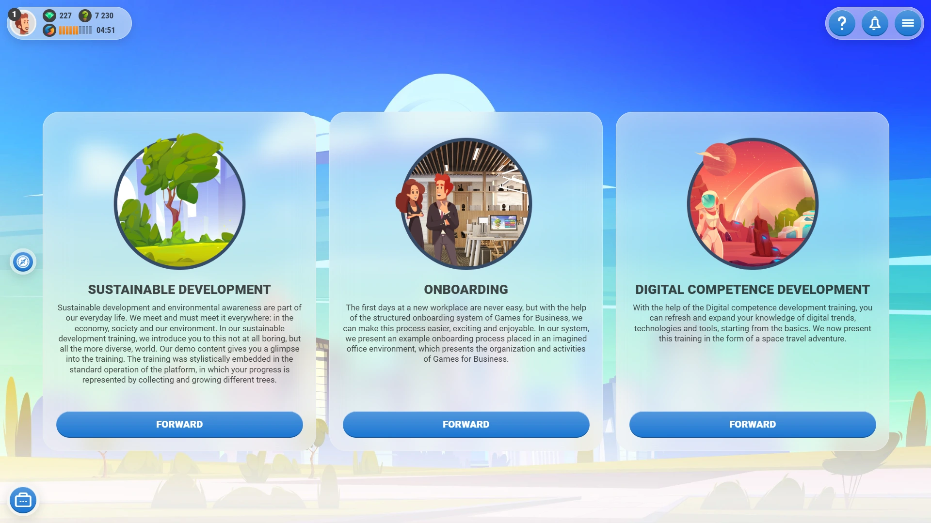 Games for Business platform screenshot - Dashboard selector - light mode