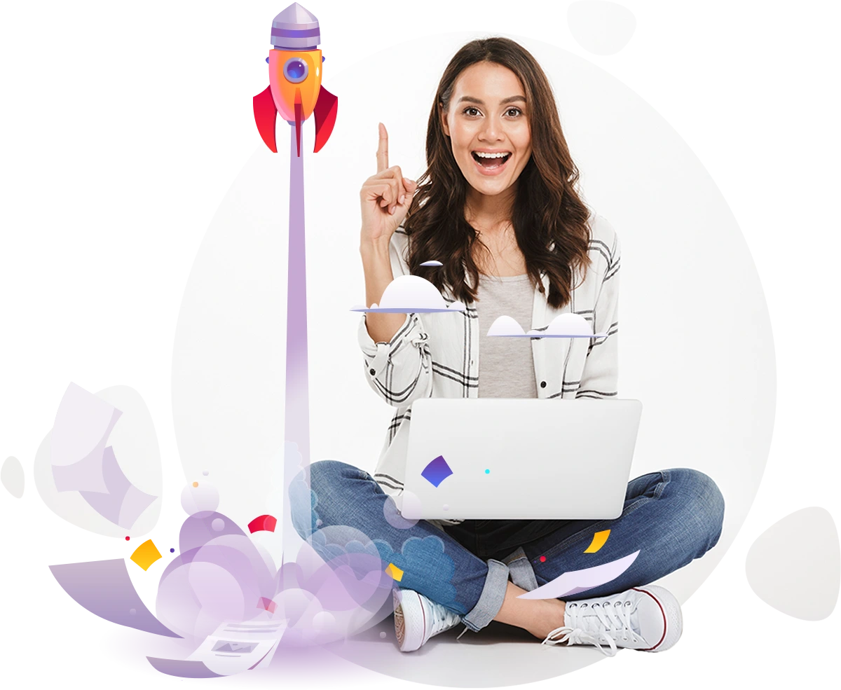 Illustration of a woman with laptop and rising rocket